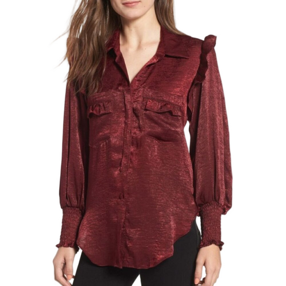 Misa Los Angeles Tops - Misa LA Donata Satin Blouse M Maroon Smocked Cuffs Ruffle Shoulders/Pockets Top